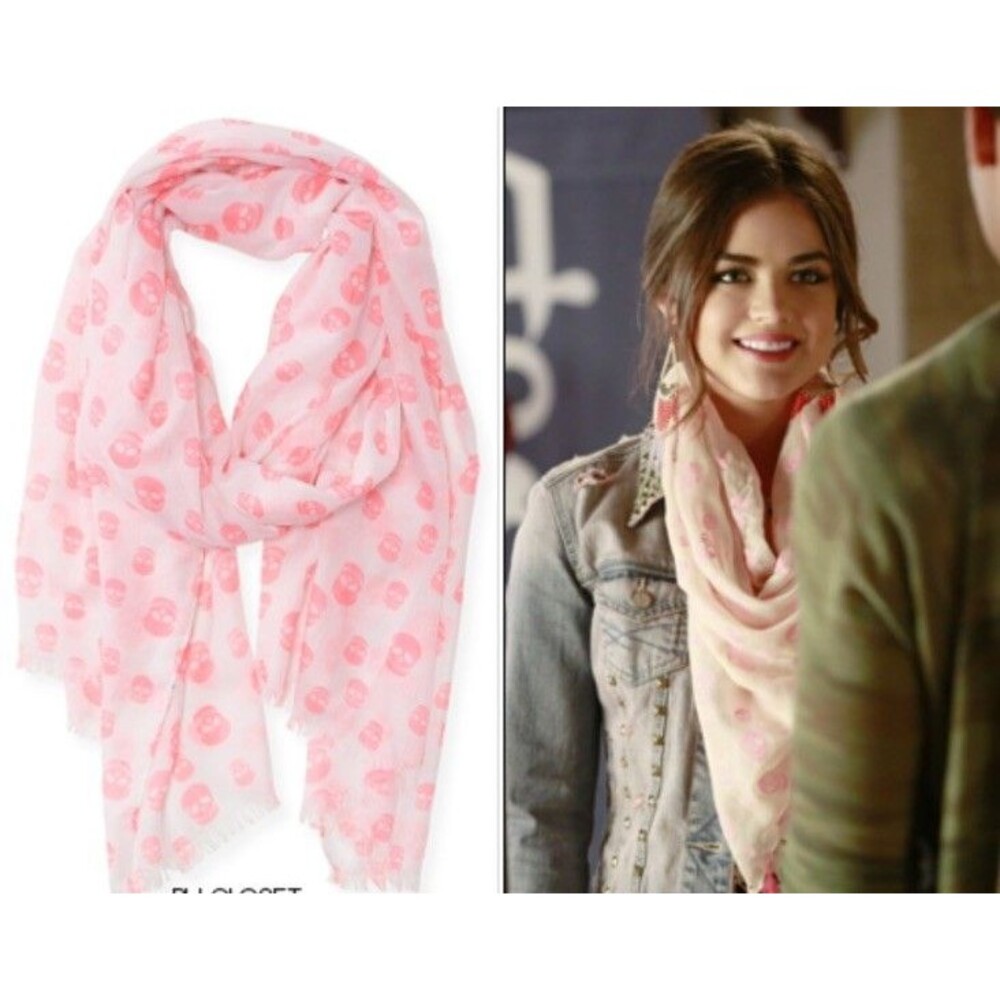 Fray hem neon pink skull scarf Pretty little liars edgy Halloween grunge 2010s